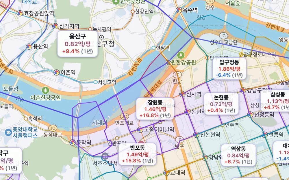 지도대장 화면 — 서울 동별 평단가와 1년 변화율이 지도 위에 표시된 모습