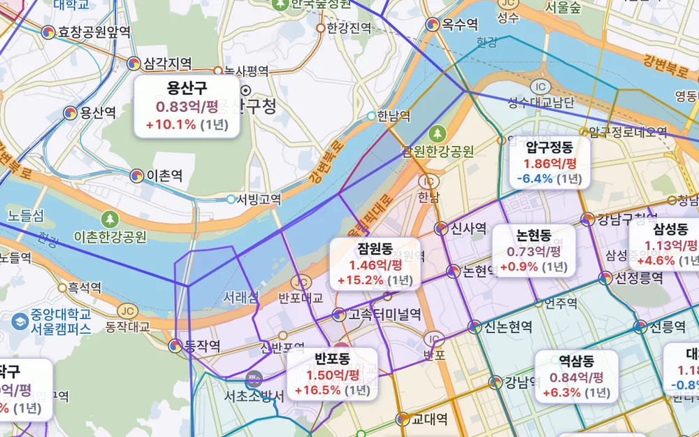 지도대장 화면 — 서울 구·동별 평단가와 1년 변화율이 지도 위에 표시된 모습